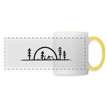 Camping, forest, campfire and sunrise - Panoramic Mug - white/yellow - Front