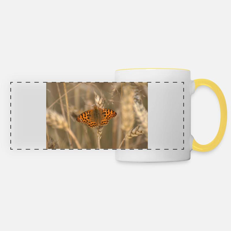 Butterfly on the corn. - Panoramic Mug - white/yellow