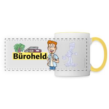 Held des Büros. Panorama-Tasse im Comicstyle - Panoramatasse - Weiß/Gelb - Vorne