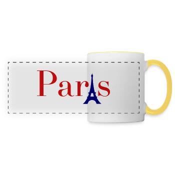 Roter Text in Paris mit blauem Eiffelturm - Panoramatasse - Weiß/Gelb - Vorne