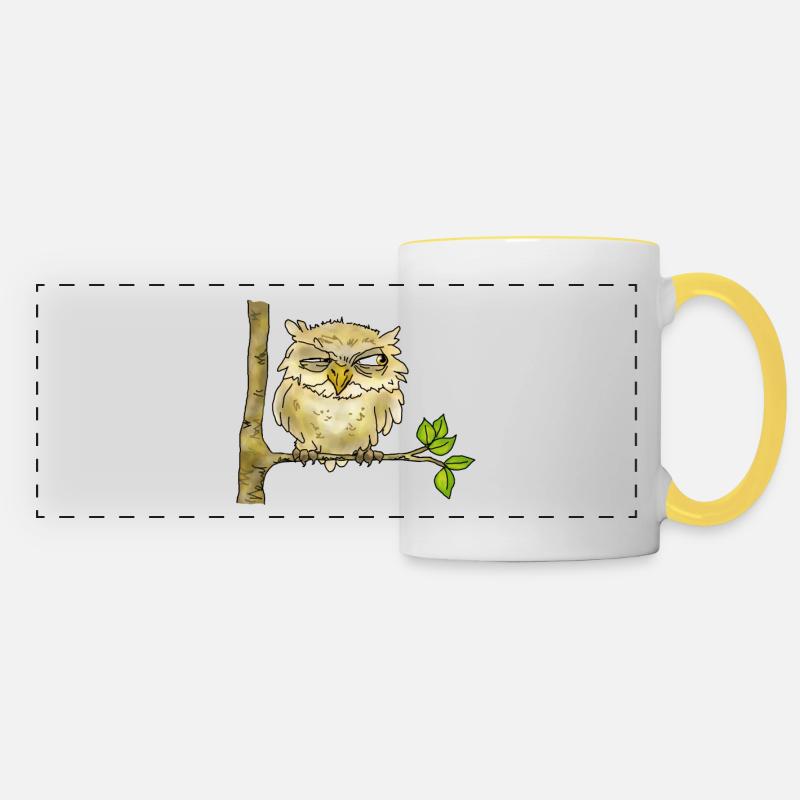 Funny owl, eagle owl - Panoramic Mug - white/yellow