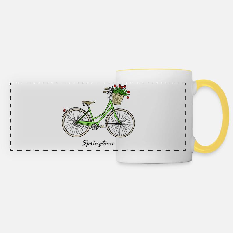 Springtime, spring, bike, tulips - Panoramic Mug - white/yellow