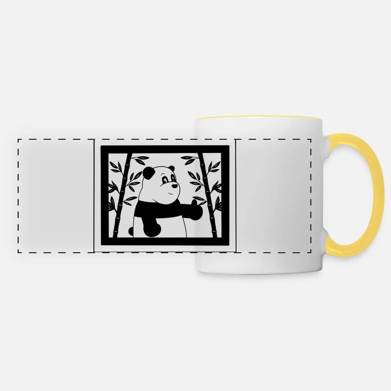 Cartoon panda thumbs up with bamboo - Panoramic Mug - white/yellow