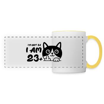 I'm Not 24, I Am 23 Plus 1 Middle Finger Cat Flip - Panoramic Mug - white/yellow - Front