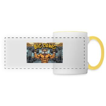 A funny cartoon style dog lifting dumbbells at - Panoramic Mug - white/yellow - Front