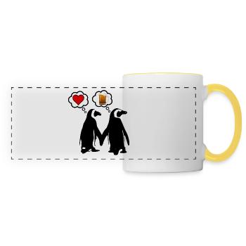 Mann & Frau Pinguin Humor, lustig, Geschenk - Panoramatasse - Weiß/Gelb - Vorne