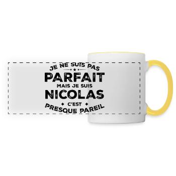 Nicolas A first name, an attitude Humour Nicolas - Panoramic Mug - white/yellow - Front