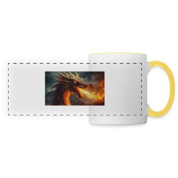 Ein realistischer, majestätischer dunkler Drache, der Flammen speit - Panoramatasse - Weiß/Gelb - Vorne