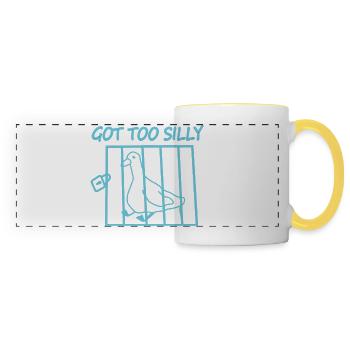 Oiseau en cage avec le texte Devenu trop bête - Mug panoramique contrasté et blanc - blanc/jaune - Devant