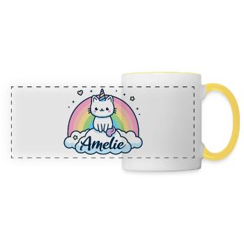 Amélie Nom Prénom Licorne chat - Mug panoramique contrasté et blanc - blanc/jaune - Devant