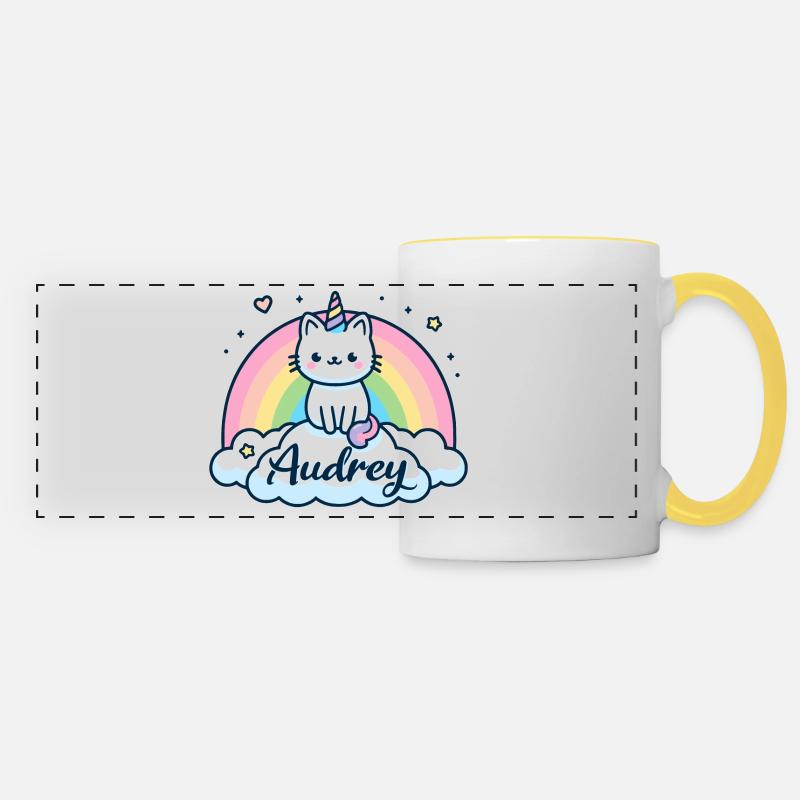 Audrey Nom Prénom Licorne Chat - Mug panoramique contrasté et blanc - blanc/jaune