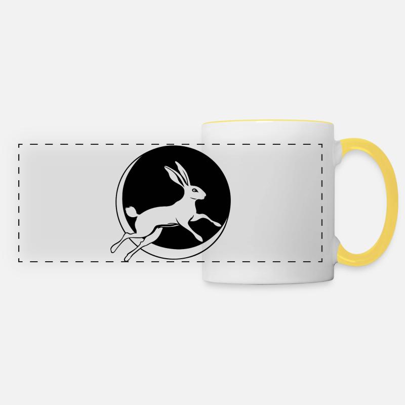 Bunny jumping with crescent moon Easter Ostara - Panoramic Mug - white/yellow