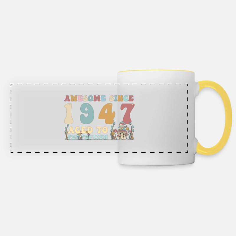 Awesome since 1947 - 76th Birthday - 2023 Groovy - Panoramic Mug - white/yellow