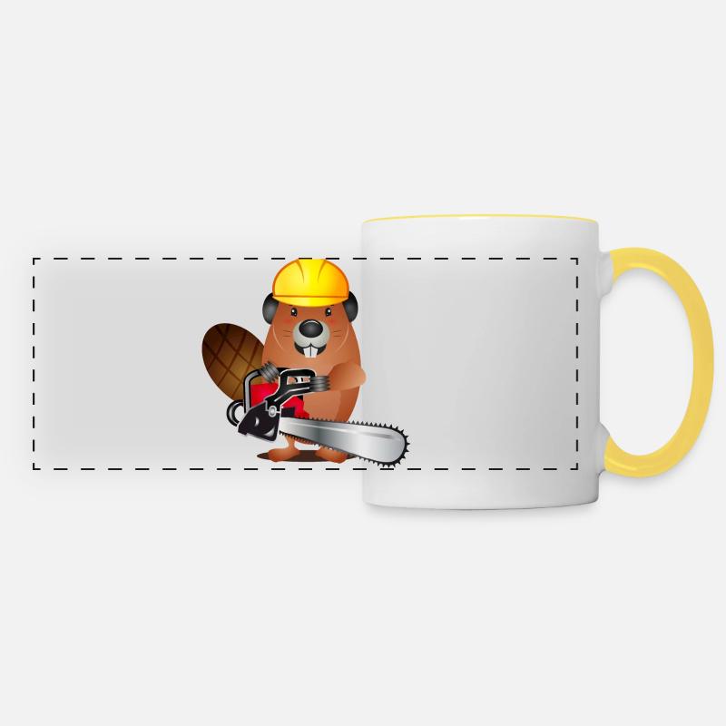cute beaver with chainsaw and protective helmet - Panoramic Mug - white/yellow