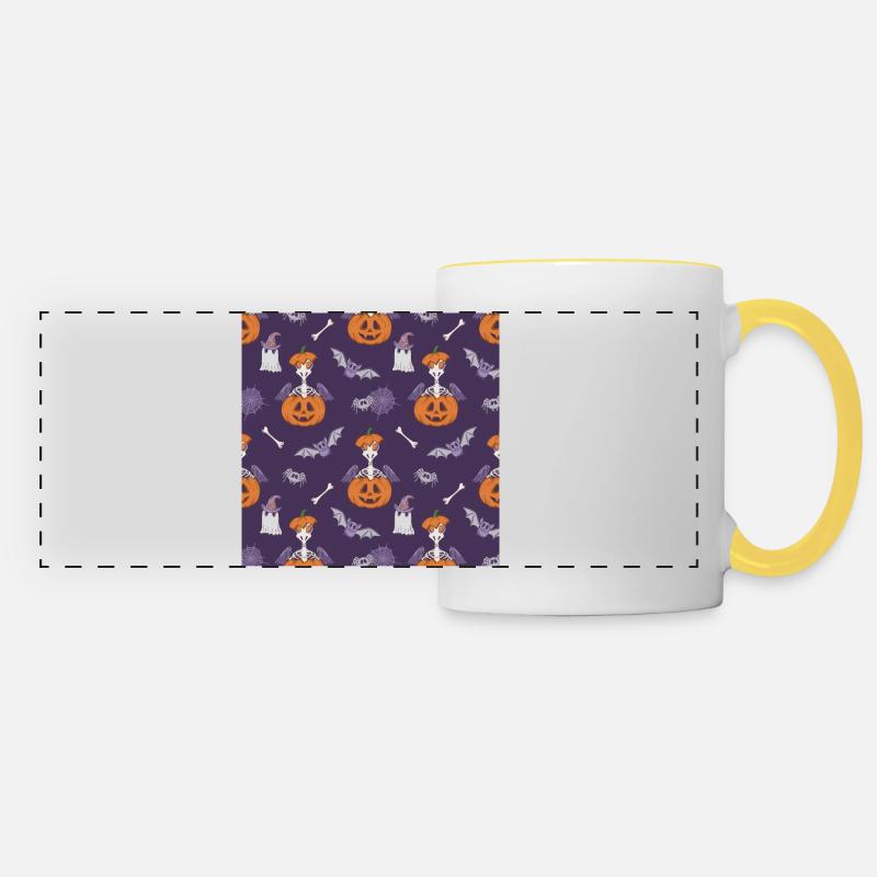 Skeletal Chicks with Pumpkin Halloween Pattern - Panoramic Mug - white/yellow
