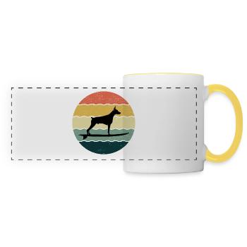 Dobermann Owner Dog Surfing Sea Waves - Panoramic Mug - white/yellow - Front