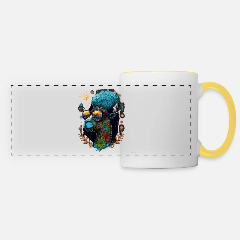 Psychedelic Lama: A Cool Weed Head with Vibrant Or - Panoramic Mug - white/yellow