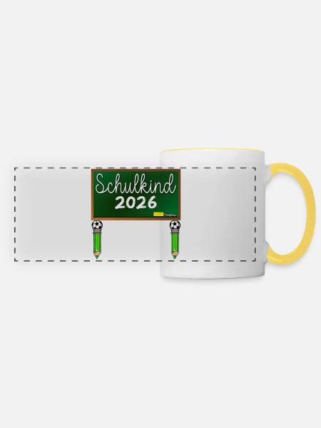 Einschulung Schulkind 2026 Fußball - Panoramatasse - Weiß/Gelb