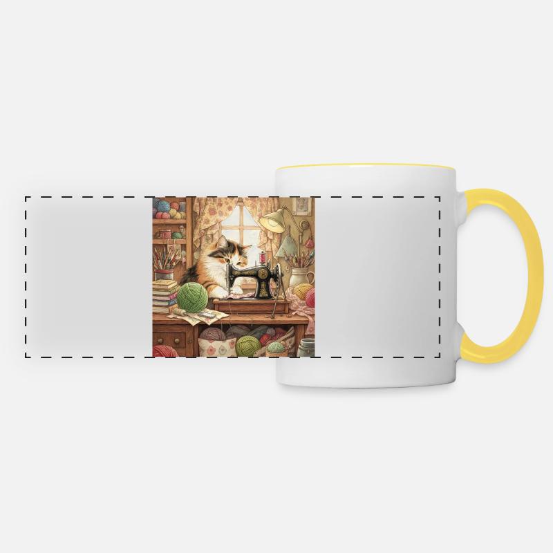 Cat Studio Sewing Machine Cuddling - Panoramic Mug - white/yellow