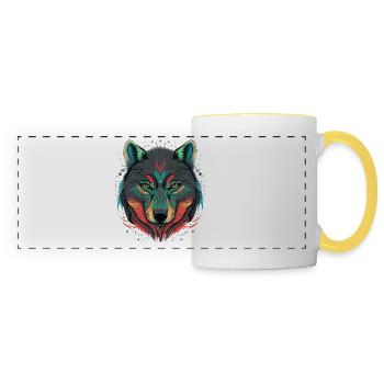 Digital Illustration of a Wolf Head - Panoramic Mug - white/yellow - Front