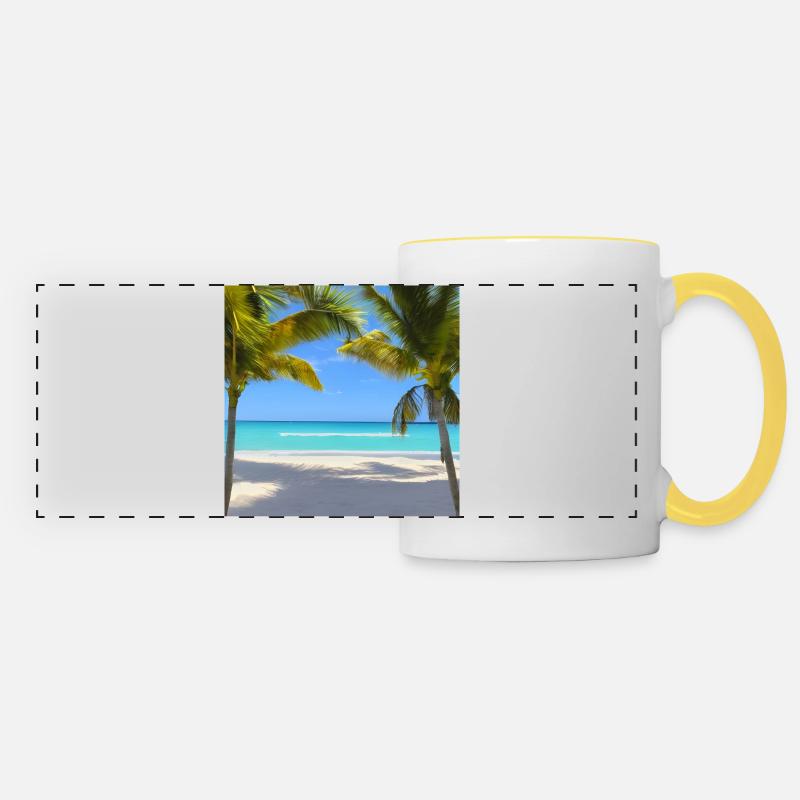 Palm trees on a quiet beach - Panoramic Mug - white/yellow