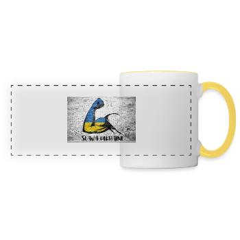 Slava Ukraini Schriftzug Motto Ukraine Muskeln spielen - Panoramatasse - Weiß/Gelb - Vorne