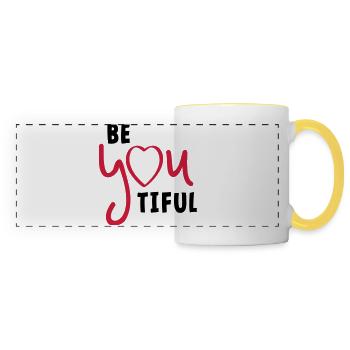 Beyoutiful oder seien Sie tiful. Valentinstag - Panoramatasse - Weiß/Gelb - Vorne