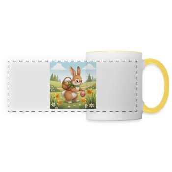 Lapin de Pâques avec panier et œufs - Mug panoramique contrasté et blanc - blanc/jaune - Devant