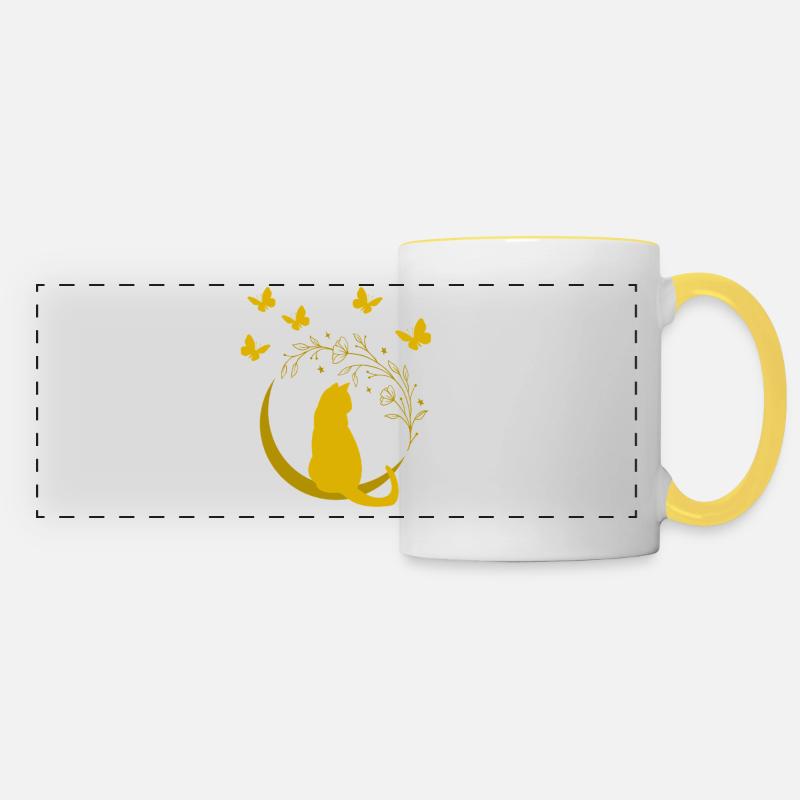 Golden Moon Cat with Flower Vine - Panoramic Mug - white/yellow