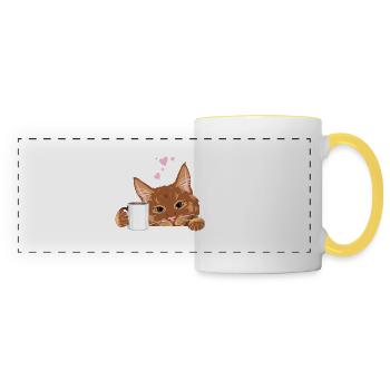 Spähende süße Ingwerkatze mit Kaffeetasse - Panoramatasse - Weiß/Gelb - Vorne