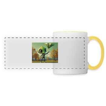 niedlich klein grün retro vintage alien fliegen einen drachen fliegen - Panoramatasse - Weiß/Gelb - Vorne