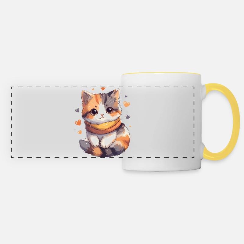 Calico kitten with scarf and hearts - Panoramic Mug - white/yellow