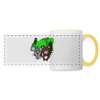 Maus und Bär im Wald. Freunde. Geschenk - Panoramatasse - Weiß/Gelb - Vorne