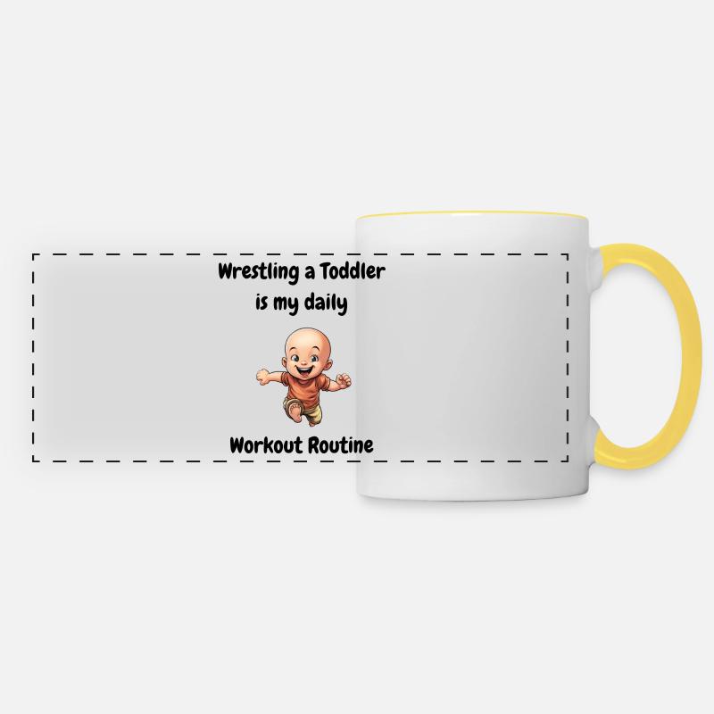 Wrestling a toddler is my daily workout routine. - Panoramic Mug - white/yellow