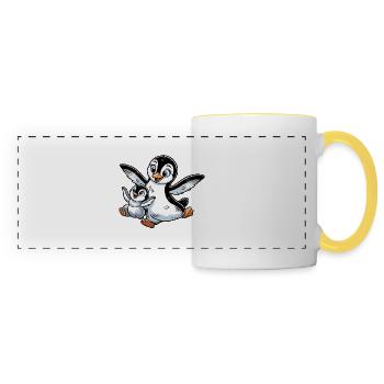 Pinguin-Mutter und Kind beim Herumtollen - Panoramatasse - Weiß/Gelb - Vorne
