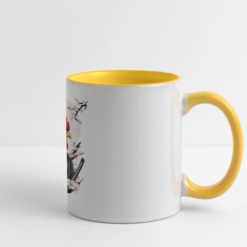 Coq Vintage samouraï Ukiyo-E Style Design Mug panoramique contrasté et blanc