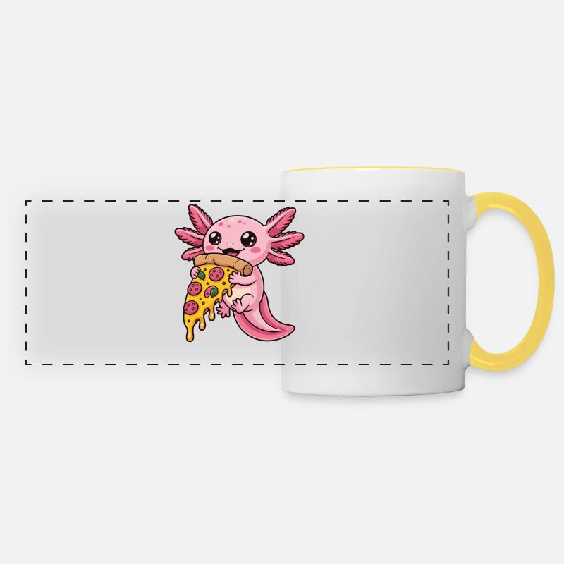 Mignon dessin animé rose axolotl mangeant pizza amphibien - Mug panoramique contrasté et blanc - blanc/jaune