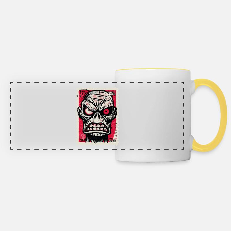 Wütender Totenkopf auf Briefmarke - Panoramatasse - Weiß/Gelb