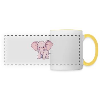 Verspielter rosa Elefant mit blauem Schwanz - Panoramatasse - Weiß/Gelb - Vorne