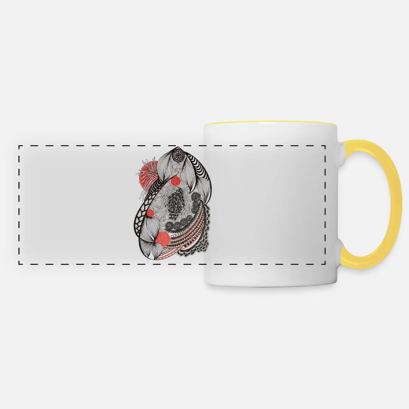 Line flowers pattern with red accent - Panoramic Mug - white/yellow