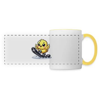 Mignon poulet snowboard dessin animé Sports d’hiver - Mug panoramique contrasté et blanc - blanc/jaune - Devant