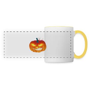 Pumpkin face with shining eyes Halloween - Panoramic Mug - white/yellow - Front