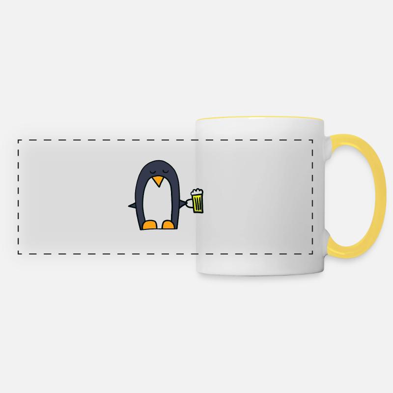 Pinguin mit Bier - Panoramatasse - Weiß/Gelb