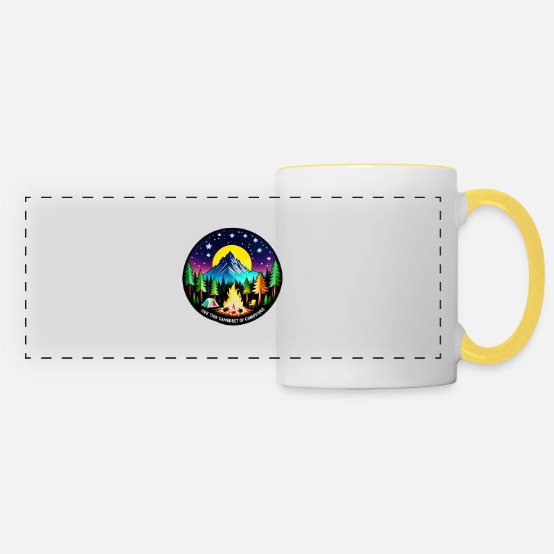 Camping, tent and campfire - Panoramic Mug - white/yellow
