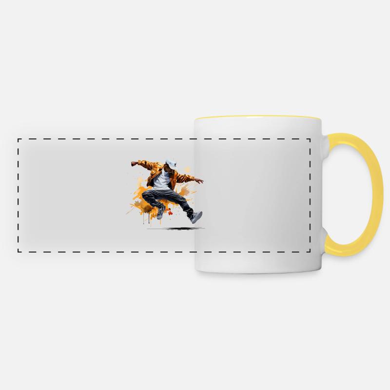 Breakdance : énergie et acrobaties sur l’asphalte - Mug panoramique contrasté et blanc - blanc/jaune