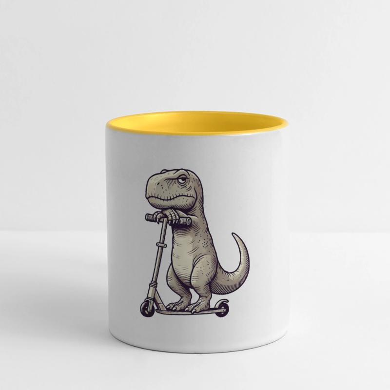 Grumpy Dino T-Rex sur Kickroller Comic Mug panoramique contrasté et blanc