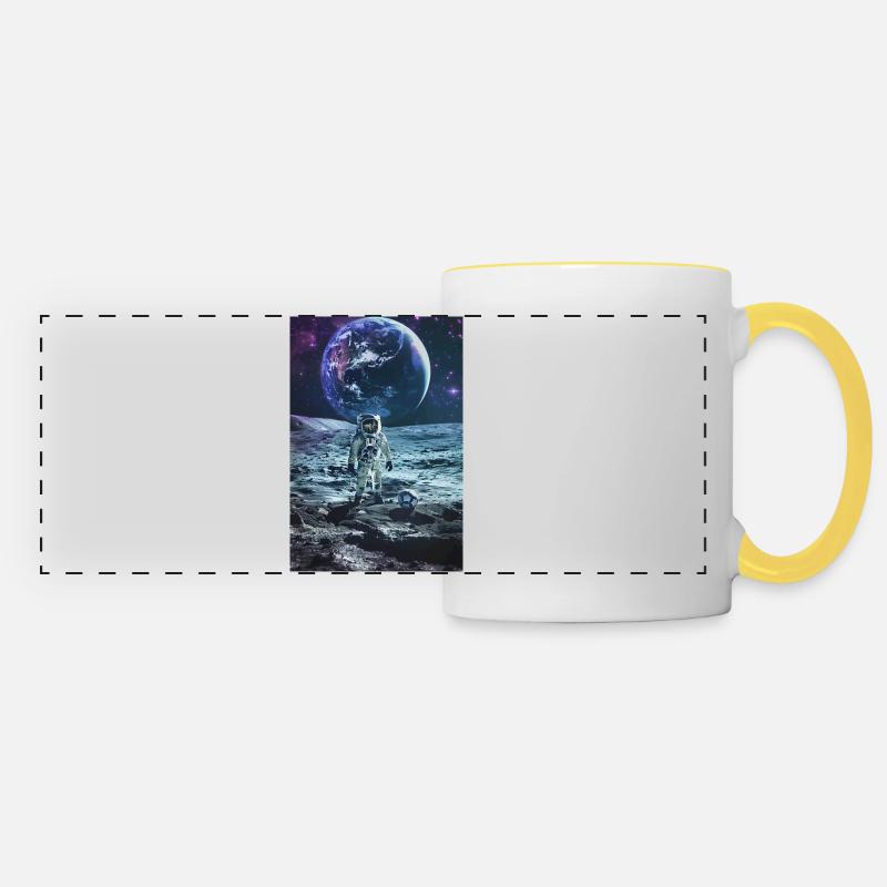 Astronaut playing soccer on the moon - Panoramic Mug - white/yellow