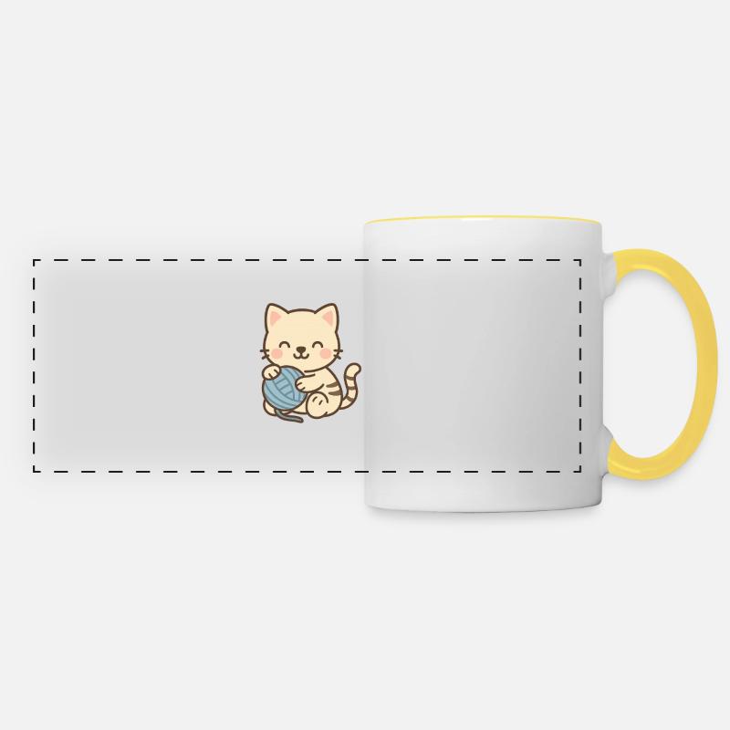 Cute kitten with blue skein - Panoramic Mug - white/yellow