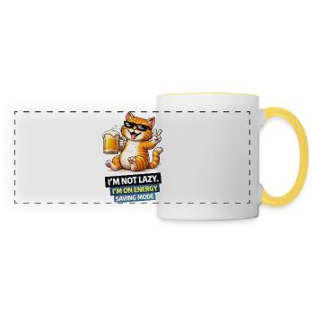 Energy Saving Cat Not Lazy - Panoramic Mug - white/yellow - Front