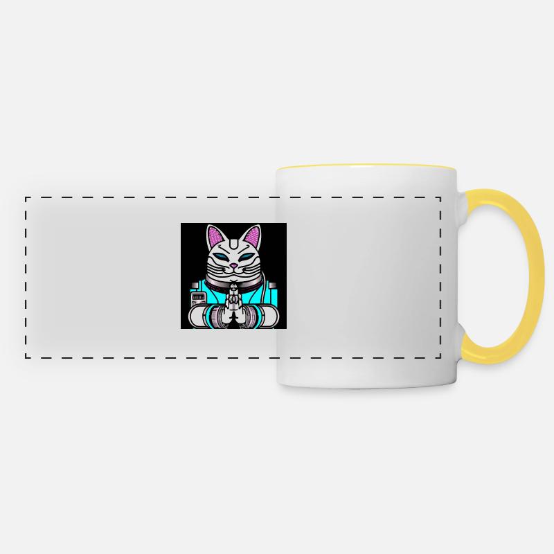 Cyborg Maneki Neko Chat - Mug panoramique contrasté et blanc - blanc/jaune
